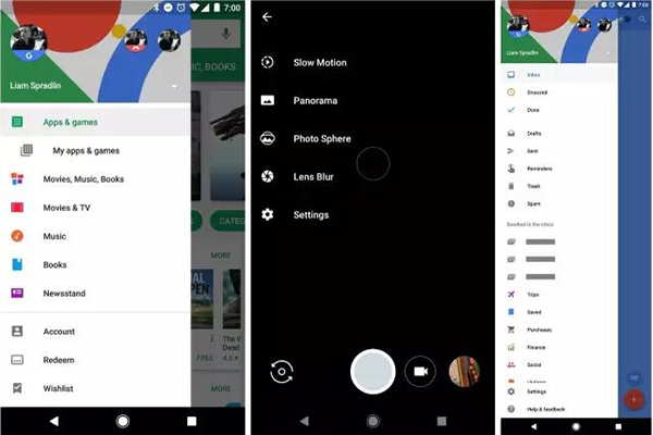 從左到右分別是 Play Store，Google Camera 及 Inbox